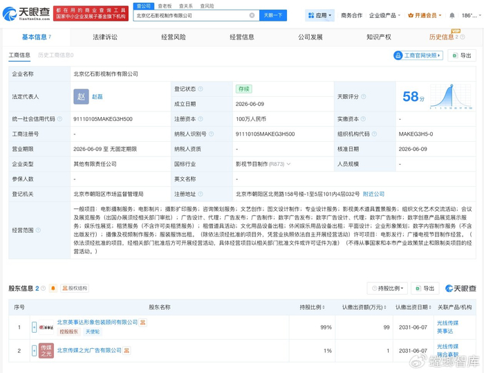光线传媒在北京新设影视制作公司，拓展摄影扩印服务领域